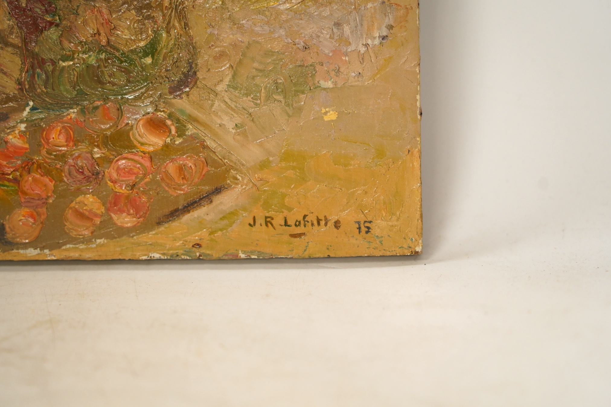 Jean-Roger Lafitte (French, 1922-2005), impasto oil on board, Still life of flowers in a vase, signed and dated '75, 36 x 27cm, unframed. Condition - fair